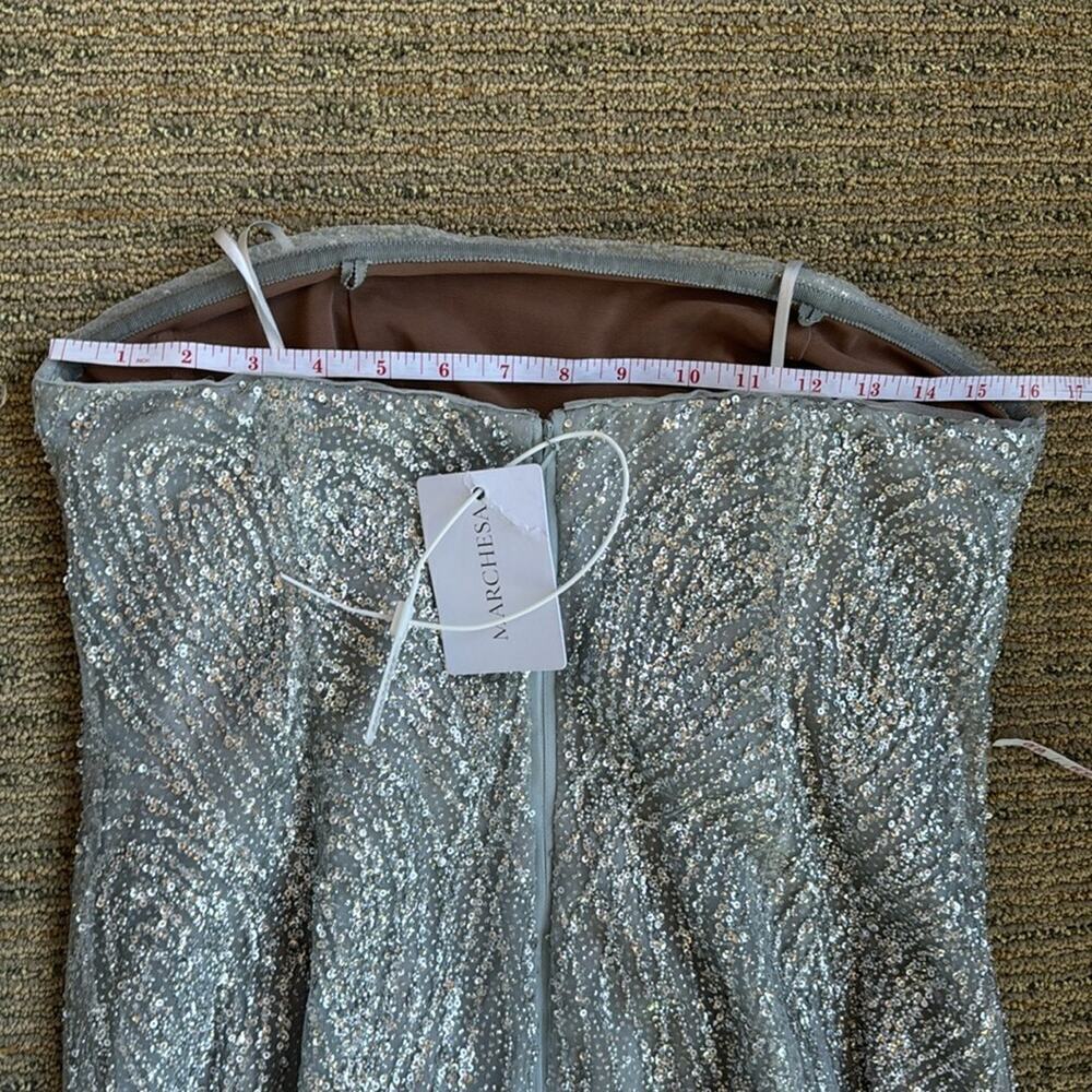 Marchesa Notte Strapless Beaded Glitter Maxi Column Gown w Caplet silver NEW - Picture 10 of 15